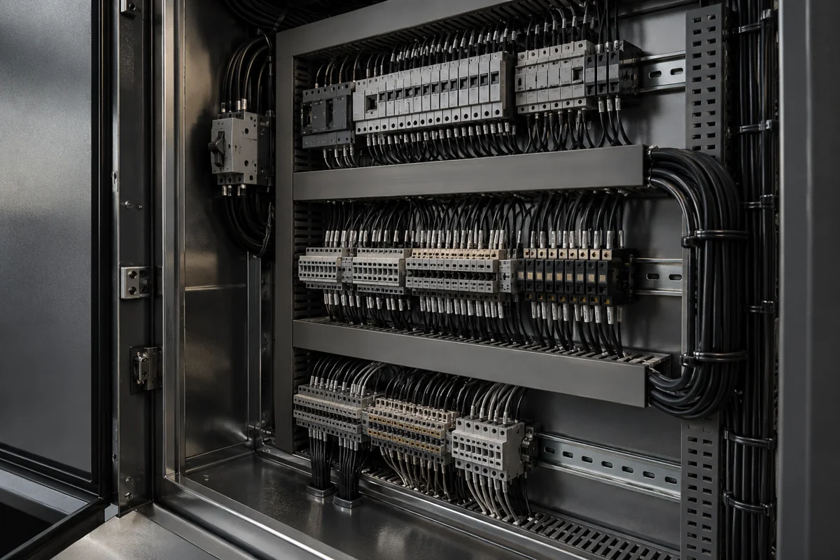 Illustrative detail of terminal blocks and organized wiring inside an industrial control cabinet